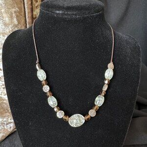 Delicate Boho Lia Sophia Necklace Leather Cord Cracked Glass Beads Browns Metals